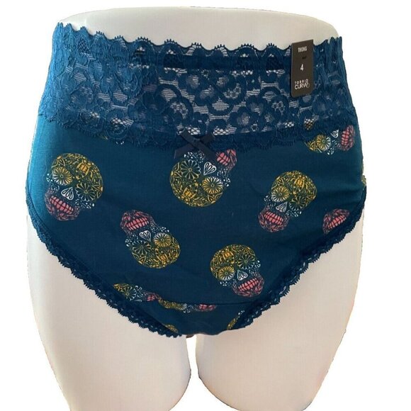 Torrid Plus 5 Teal Blue Calaveras Skull Print Wide Lace Waistband Thong Panties - Picture 2 of 6